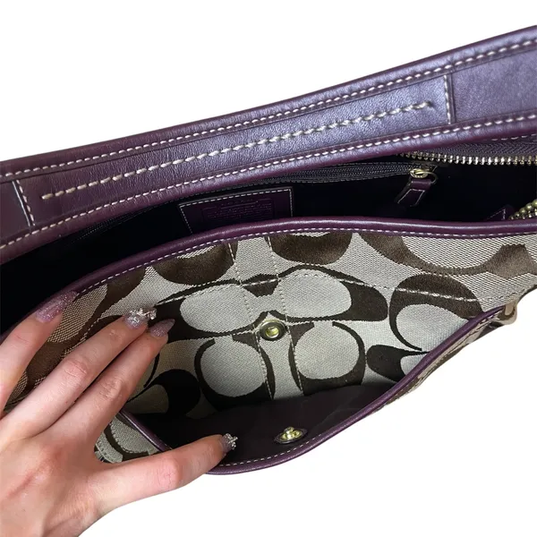 Coach Signature Monogram Purple Leather Trim Hobo Shoulder Bag Handbag Purse - Image 9