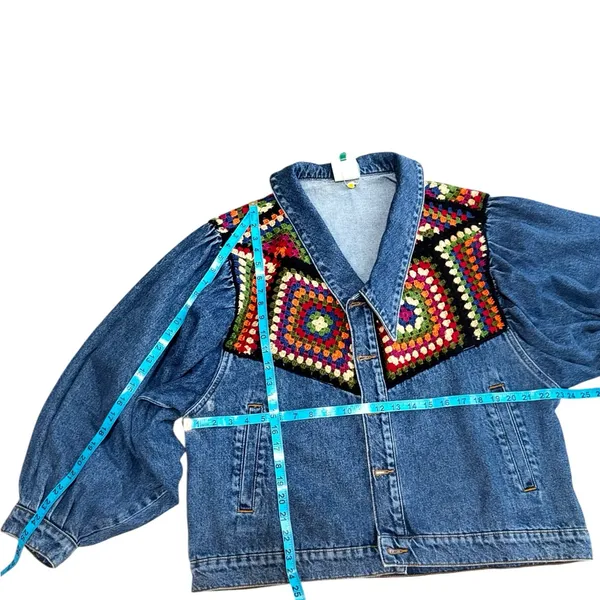 Farm Rio X Anthropologie Crochet Denim Trucker Jacket SZ Medium - Image 15