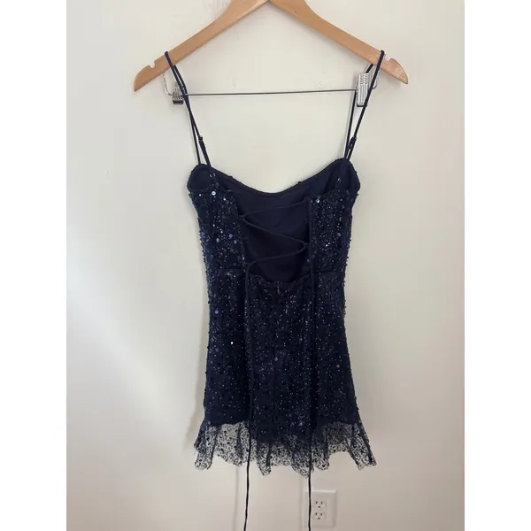 Lucy In The Sky Navy Blue‎ Sequin Cowl Neck Lace Up Back Ruffle Mini Dress Small - Image 2
