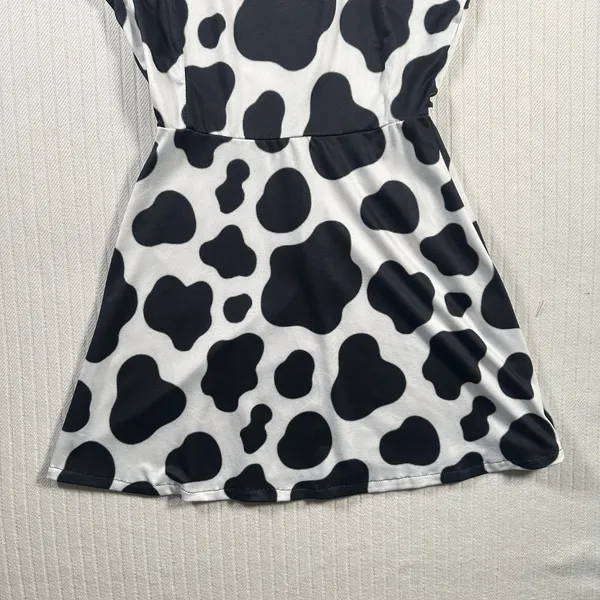Women’s XS Black White Cow Print Mini Dress Spaghetti Strap Skater Casual - Image 2