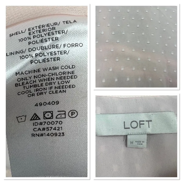 LOFT Women Sz Medium Pale‎ Pink Clip Dot V-Neck Peplum Blouse Sheer Long Sleeve - Image 7