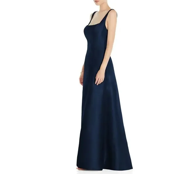Alfred Sung Maxi Gown Women's 14R Navy Blue Square Neck Satin A-Line Sleeveless - Image 11