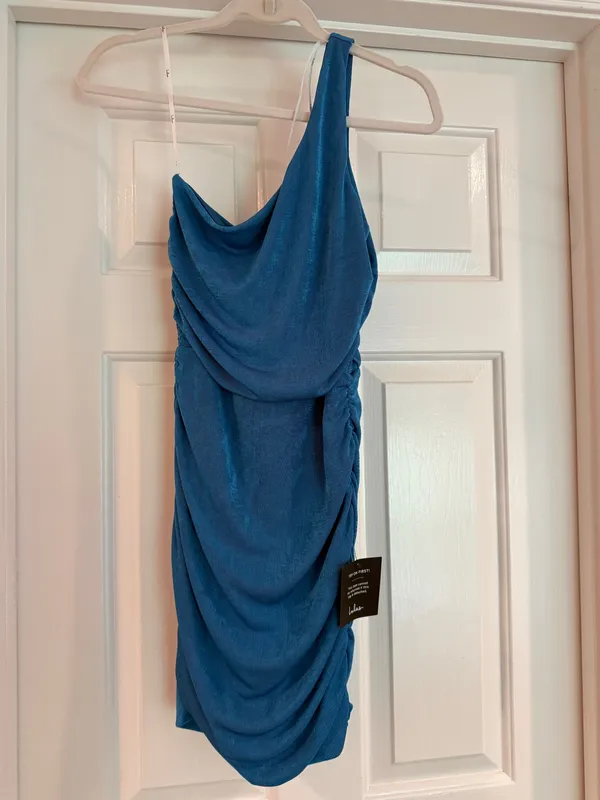 Lulu’s Sultry Arrival Blue One-Shoulder Bodycon Mini Dress - Image 4