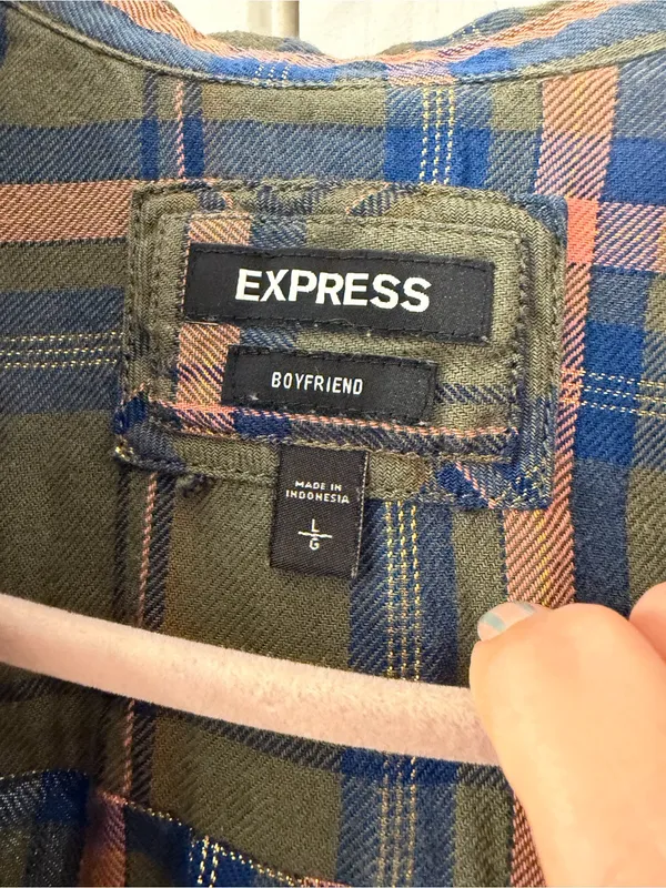 Express Olive Plaid Button-Down Shirt with Blue and Peach Accents - Image 2