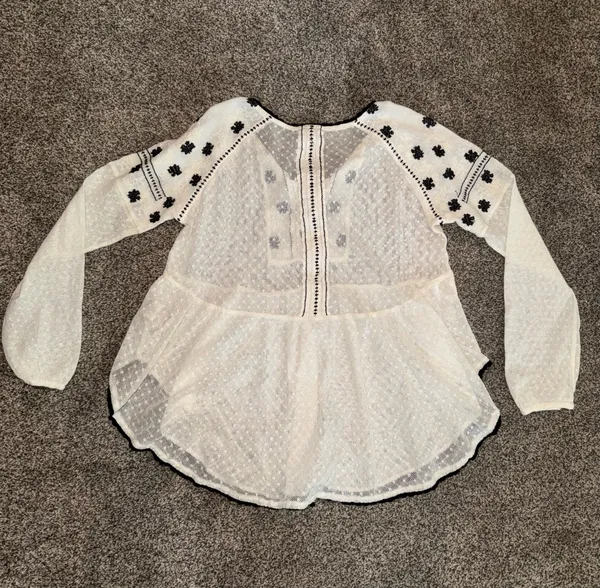 Free People Ivory and Black Embroidered Mesh Peasant Tunic Blouse - Image 3