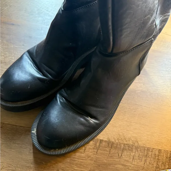 Zara Boots Women 8.5 39 Low Heel Leather Knee High Riding Black Biker Moto - Image 6