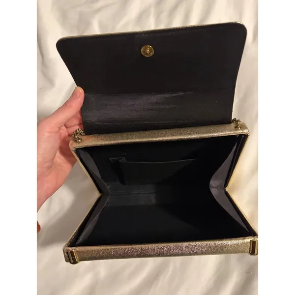 Vintage Gold Metallic Evening Clutch Bag Women Gold‎ Chain Strap Structured - Image 3