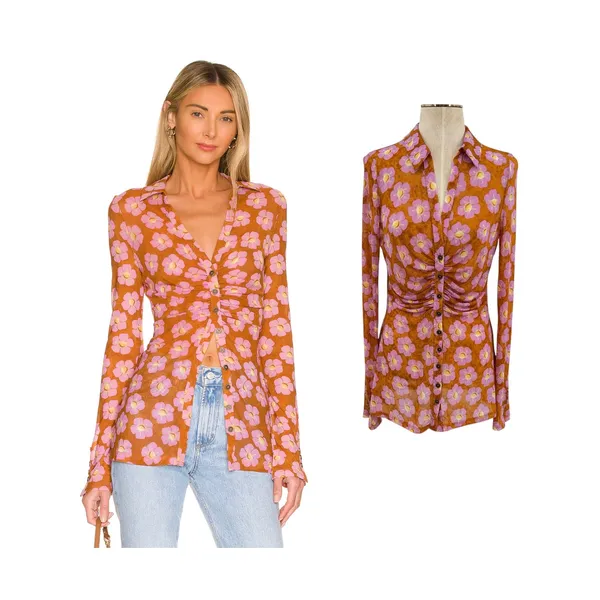 Free People Lucky Shirt Mesh Floral Ruched Button Front‎ Coffee Combo Medium - Image 2