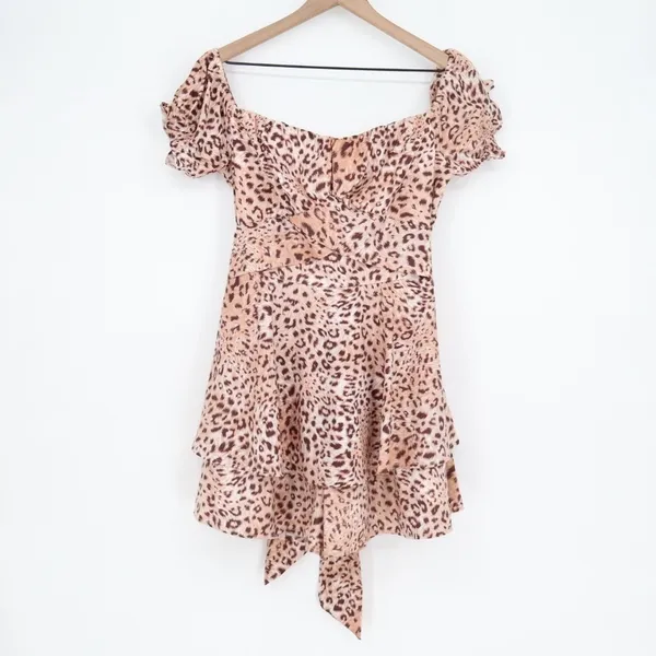 Jumpsuit Womens Large Brown Leopard Print Off The Shoulder Back Zip Puff Sleeve - Image 2