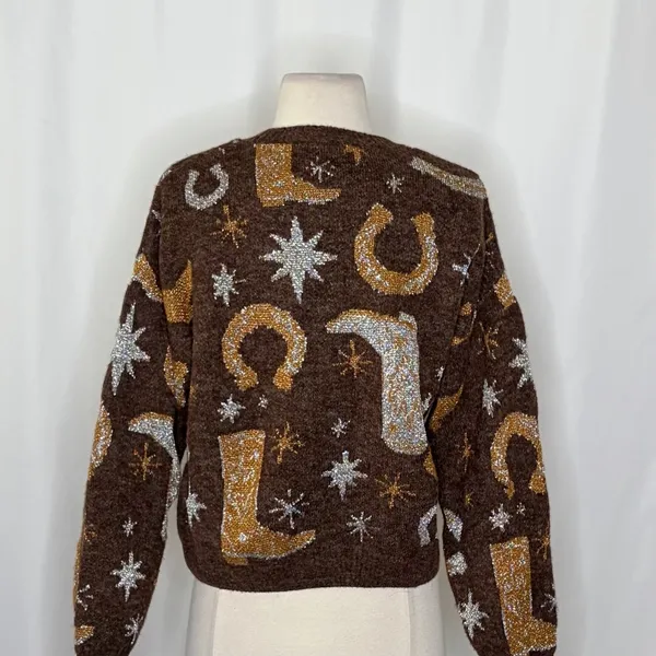 ZARA Western Cosmic Cowboy Boots Stars Jacquard Sweater Metallic Crewneck Small‎ - Image 11