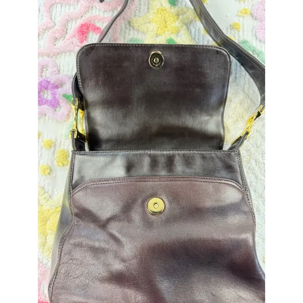 Vintage Dark Brown Leather Crossbody Bag Gold Hardware Flap‎ Snap Closure - Image 4