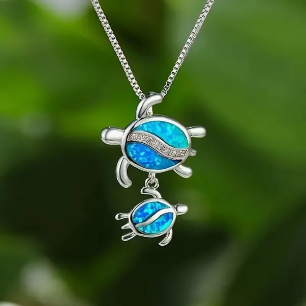 Silver Plated Tear Drop Opal Turtle Parent Child Pendant,‎ Minimalist Necklace - Image 4