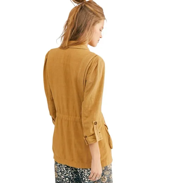 Free People Medium Jacket Charly‎ Blazer Beige Tan Linen Button Cinched 1090 - Image 6