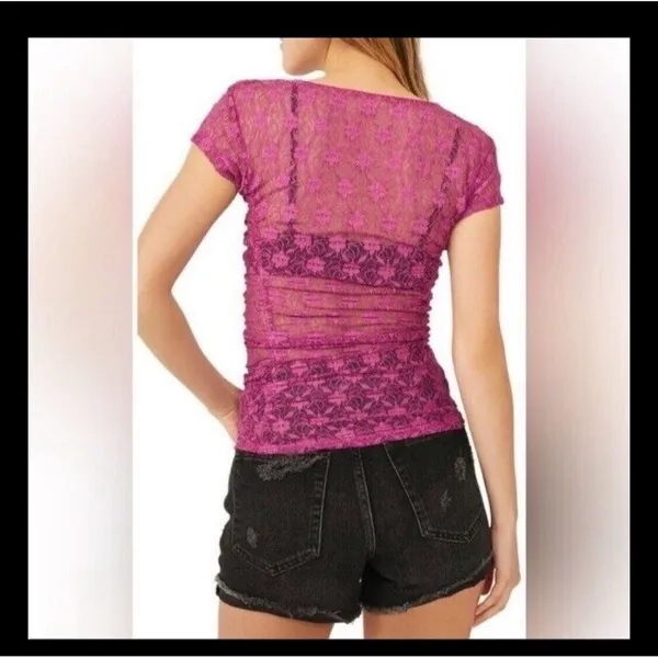 FREE PEOPLE Keep it simple lace baby tee In Dramatic Orchid Pink‎ purple Size S - Image 2