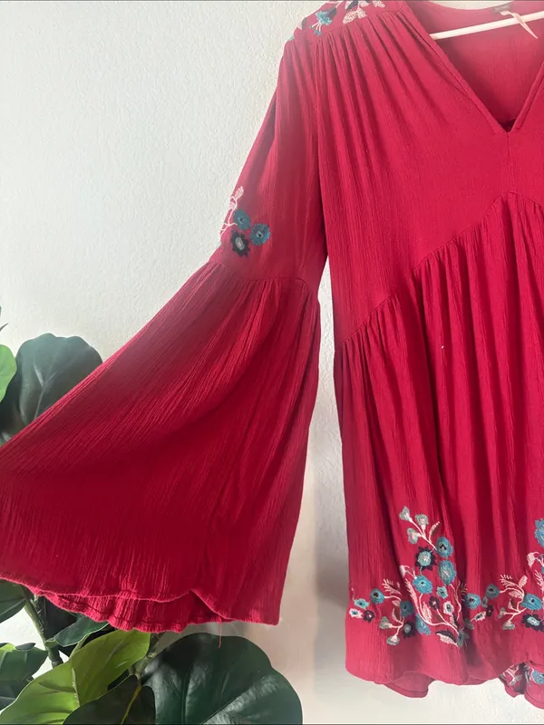 Free People Te Amo Embroidered Boho Mini Dress Red Ruby XS - Image 3