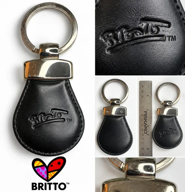 R. Britto Black Leather Keychain Key Ring Silver Tone - Image 2