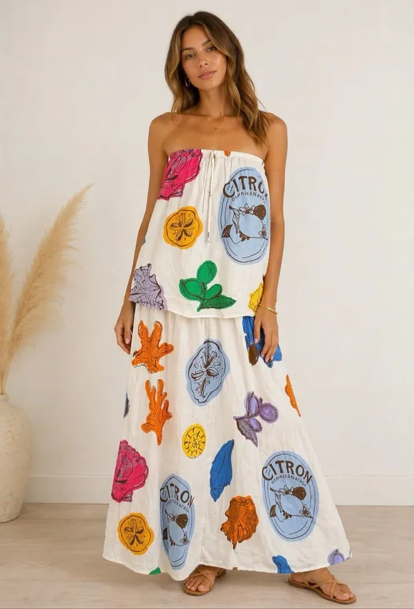 Sabo Skirt Coastal Print Strapless Cotton Maxi Dress Resort NWOT Small - Image 8