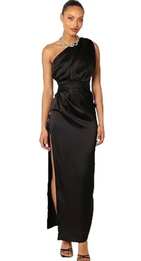 Petal & Pup Maxi Dress Black Nadia One-Shoulder Satin 6 - Image 3
