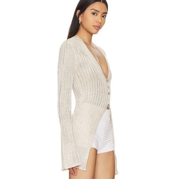 Free People Vie Boheme Cardi Sandcastle Tan Ribbed Knit Slit Cardigan Large L - Image 2