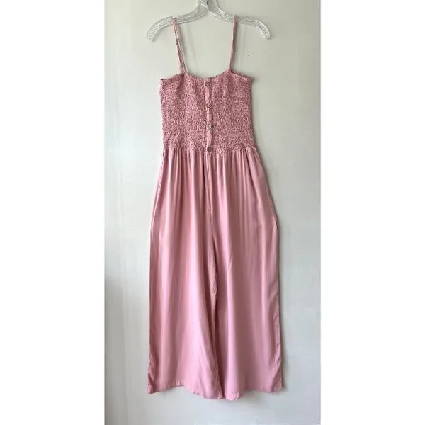 Jumpsuit Sz‎ L Smocked Stretch Pink Pull On Wide Leg High Rise Tank Cisono - Image 2