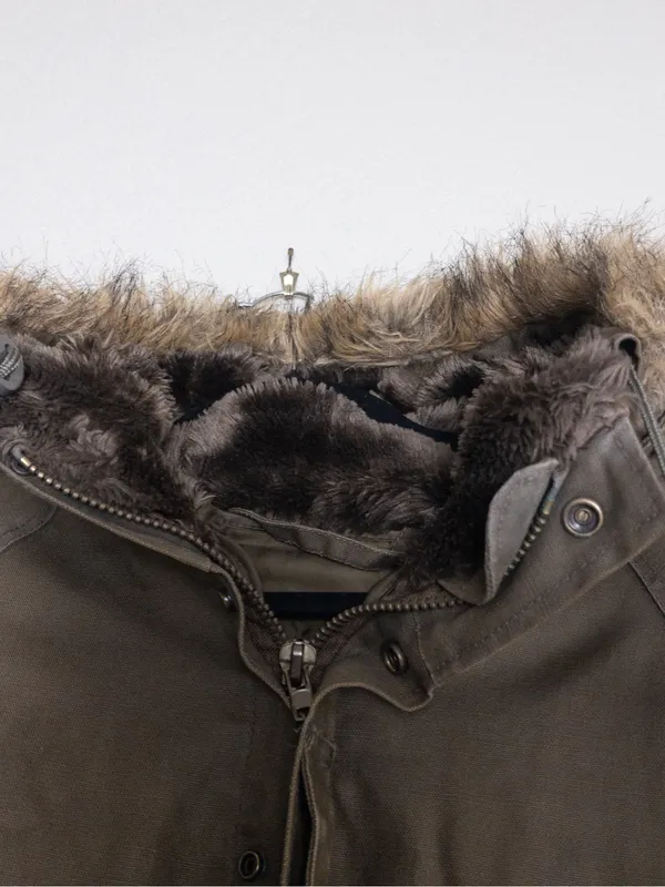 Y2K Tetsu Military Parka Coat M Olive Hooded Faux Fur Quilted Shell Utility - Image 5