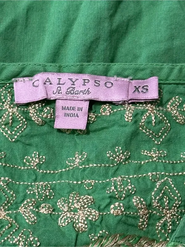 Calypso St. Barth XS Green Gold Embroidered Cotton Lace Up Tassel Tunic Dress - Image 6