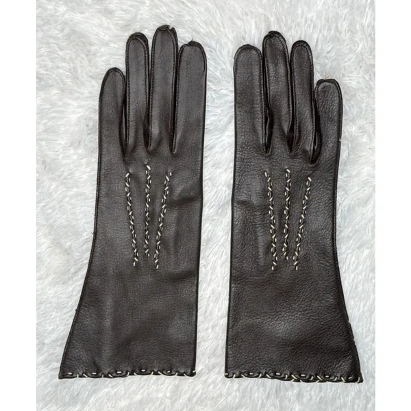 1970s Brown Deerskin Leather Gloves Contrast Whipstitch Size 7 - Image 4