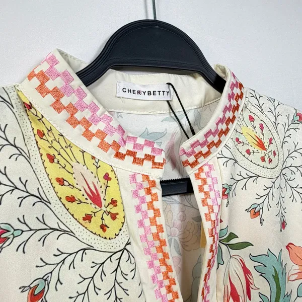 CHERYBETTY Babydoll Blouse Floral Paisley Puff Sleeve Embroidered Trim Cream‎ L - Image 3