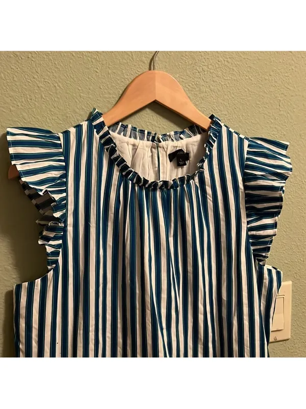J. Crew Tiered Cotton Dobby Dress in Cape Blue White Green Stripe Large - Image 8