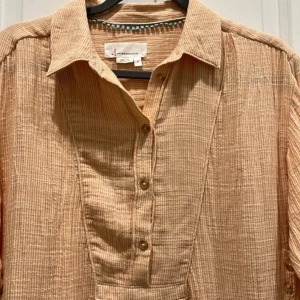 Anthropologie V-Neck Popover Cotton Long Sleeve Shirt in Orange Sz S - Image 6