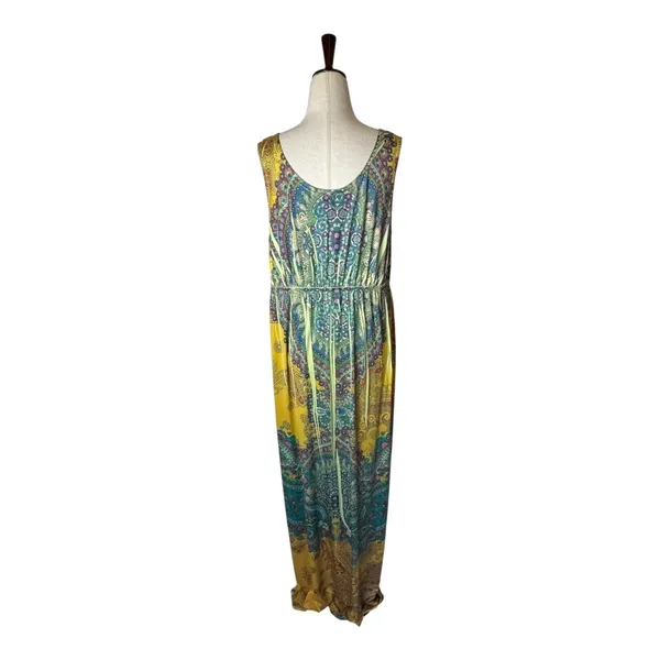 One World Dress Women XL‎ Yellow Green Floral Paisley Maxi Casual Boho Colorful - Image 3