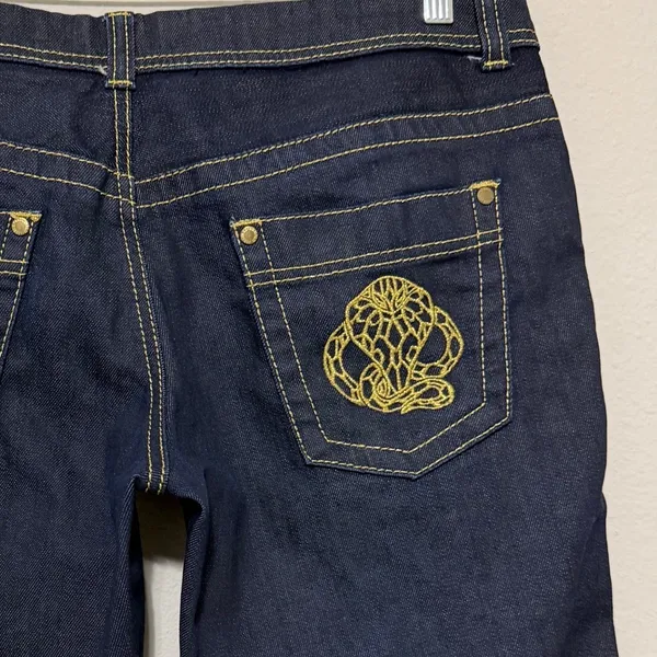 Roberto Cavalli H&M Dark Wash Bootcut Jeans Womens 14 Low Rise Gold 34x32 - Image 11