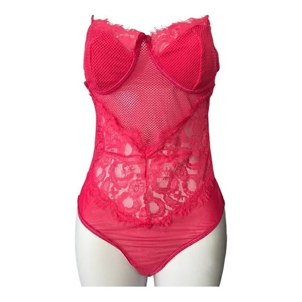 Pink Floral Lace Scalloped Sheer Lingerie Teddy Bodysuit Size S - Image 3
