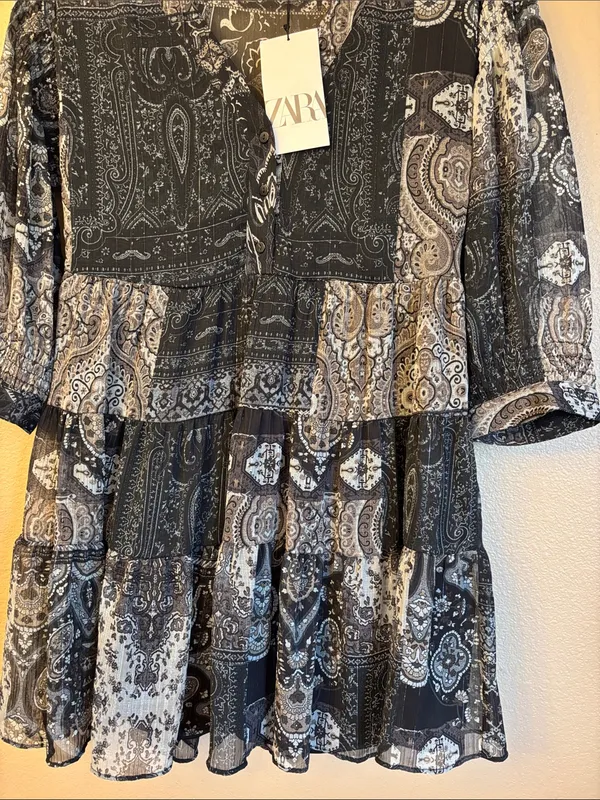 NEW! ZARA Black Gray Paisley Tiered Mini Dress SMALL Semi Sheer Balloon Sleeves - Image 6