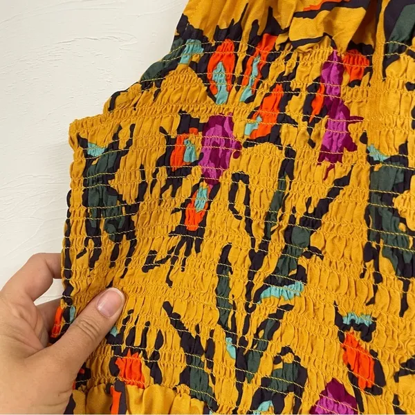 Haute Hippie Mustard Yellow Floral Print Halter Smocked Boho Blouse L Sleeveless - Image 13