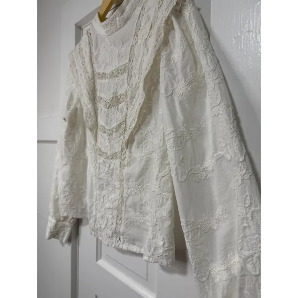 Ultra Pink White Embroidered Lace Victorian Mock Neck Cotton Blouse Top Medium - Image 6