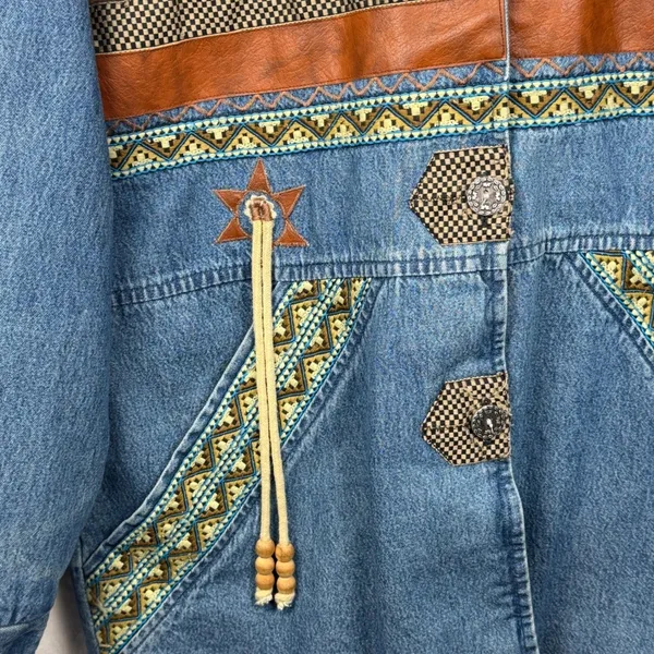 Vintage 220‎ Hickory Western Southwestern Aztec Denim Jacket Faux Leather Trim - Image 7