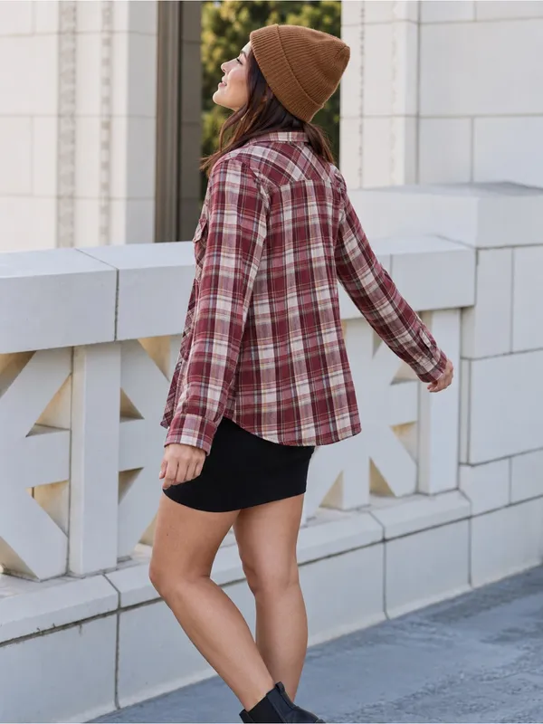 Love Stitch Play The Field Burgundy Plaid Button UP Shirt Size M - Image 15