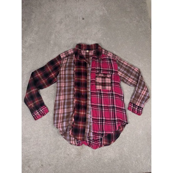 Anthropologie Pilcro Mixed Patchwork Flannel Buttondown Shirt Pink S Oversized - Image 3