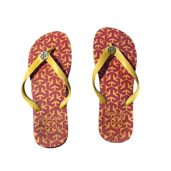 Tory Burch Women's Flip Flop Sandals Yellow Straps Red/Orange Geometric Pattern - Image 5