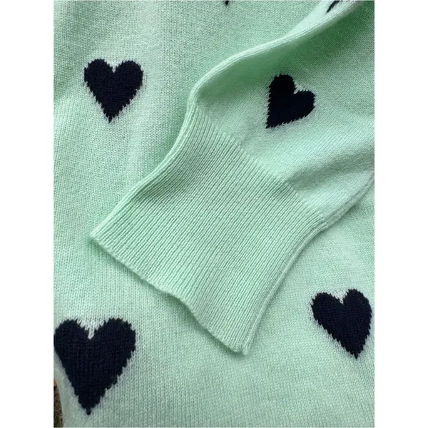 J.Crew 100% Cashmere Heart Print Sweater Mint Green Navy Blue Hearts XL Crewneck - Image 4