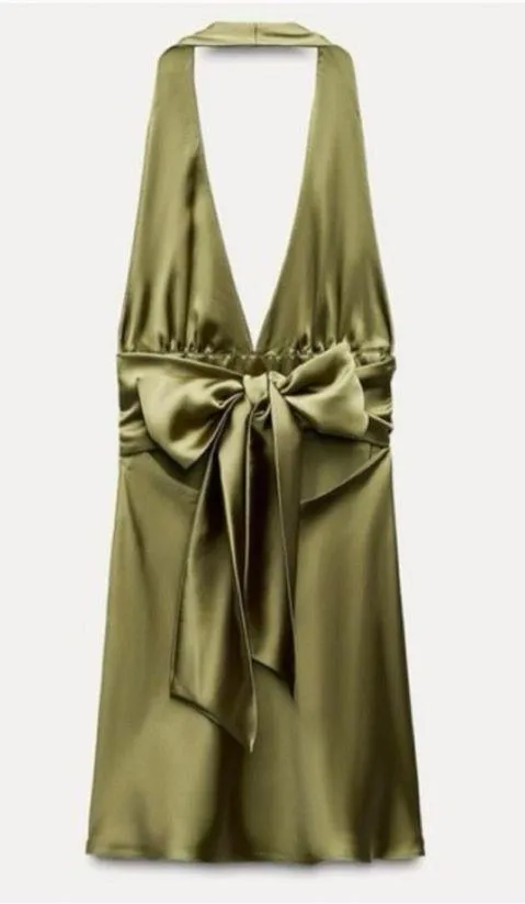 Zara dress halter open back tie bow Elegant Olive Green Satin wedding party - Image 14