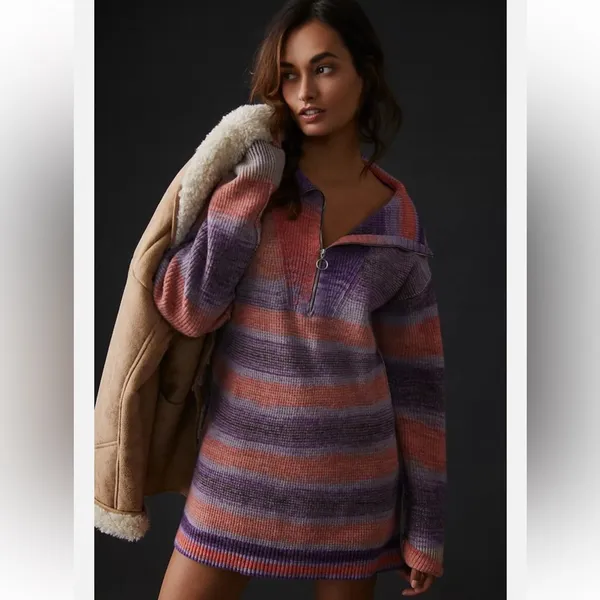Anthropologie Daily Practice Half-Zip Tunic Sweater Mini Dress Striped M - Image 2