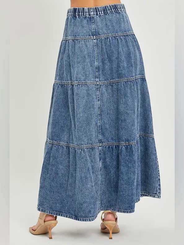 108- Risen High Rise Tiered Denim Ruffle Maxi Skirt Size XL - Image 2