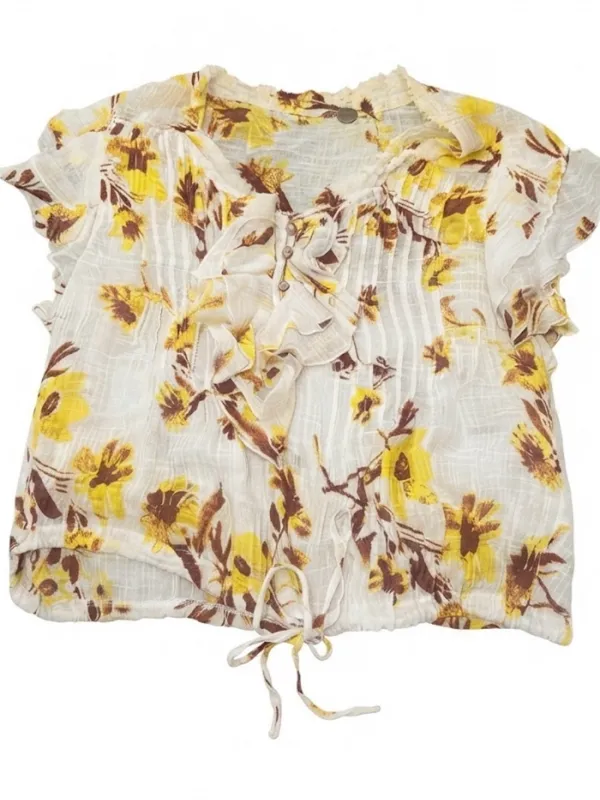 Free People White Floral Ruffle V-Neck Top with Yellow and Brown Print - Image 7