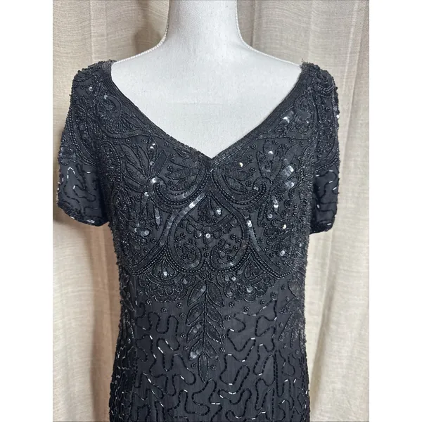 Vintage 90s Papell Boutique Black silk floral beaded sequin gown black tie Sz 14 - Image 2