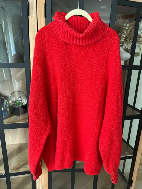 Aerie turtleneck boucle sweater textured red wool oversized rib knit tunic - Image 2