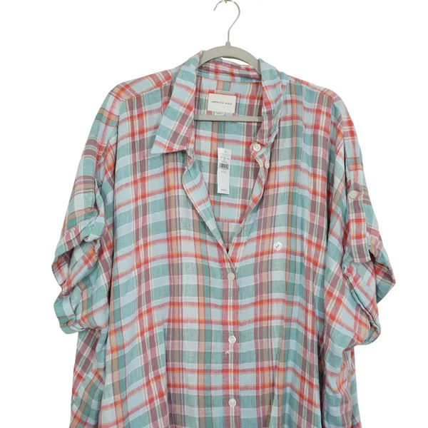American Eagle Oversized Plaid Linen Blend Button Down Shirt XXL Short Sleeve - Image 2