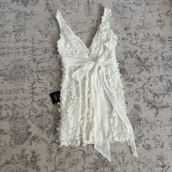 Lulus Totally Beautiful White 3D Floral Tie-Strap Skater Mini Dress Size Small - Image 4