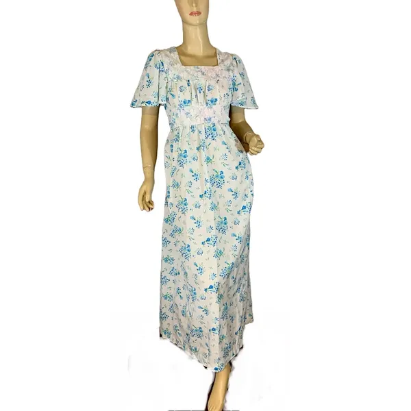 Vintage Circa 1970'S White W/Blue Floral Print Empire Waist Maxi Dress (S) - Image 8
